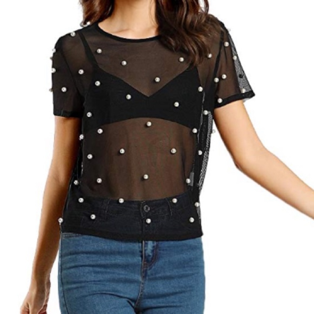 Black Mesh Pearl Top